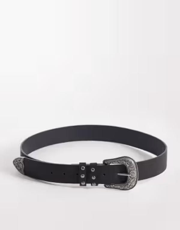 エイソス メンズ アクセサリー ベルト レザー フェイクレザー ASOS DESIGN studded faux leather belt with westernpatterned silvertone buckle Black ブラック
