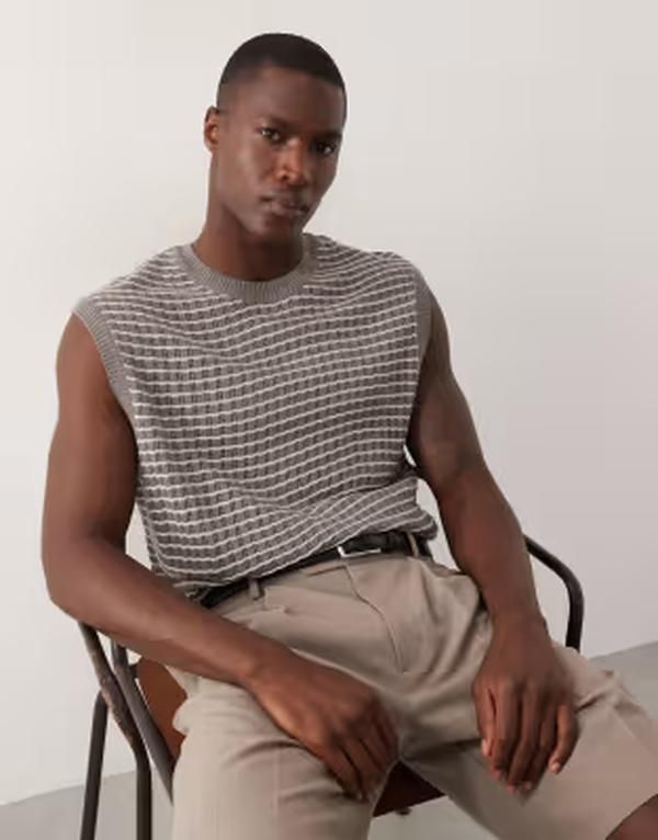 エイソス メンズ トップス ベスト ニット ASOS DESIGN relaxed knitextured tank top in stone ストーン
