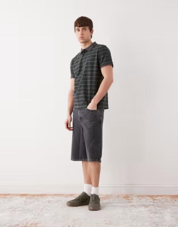 ウィークデイ メンズ トップス Tシャツ ポロシャツ Weekday piqu polo tshirt and green stripes Gray and green stripes グレー