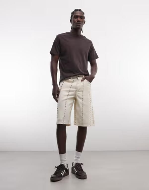 リキュールアンドポーカー メンズ ボトムス ハーフパンツ・ショーツ デニム Liquor N Poker denim jorts with total studetail in ecru エクリュ
