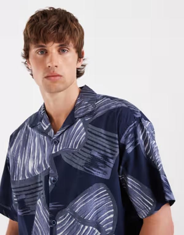 ジャック アンド ジョーンズ メンズ トップス シャツ プリント Jack Jones Premium short sleeve shirt with plant print Night Sky ネイビー