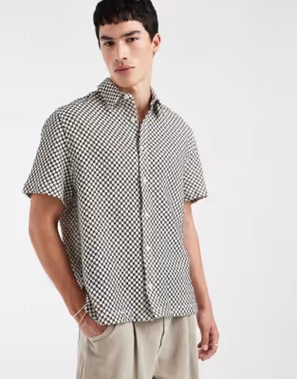 エイソス メンズ トップス シャツ ASOS DESIGN relaxed crochet shirt and cream Black Cream クリーム