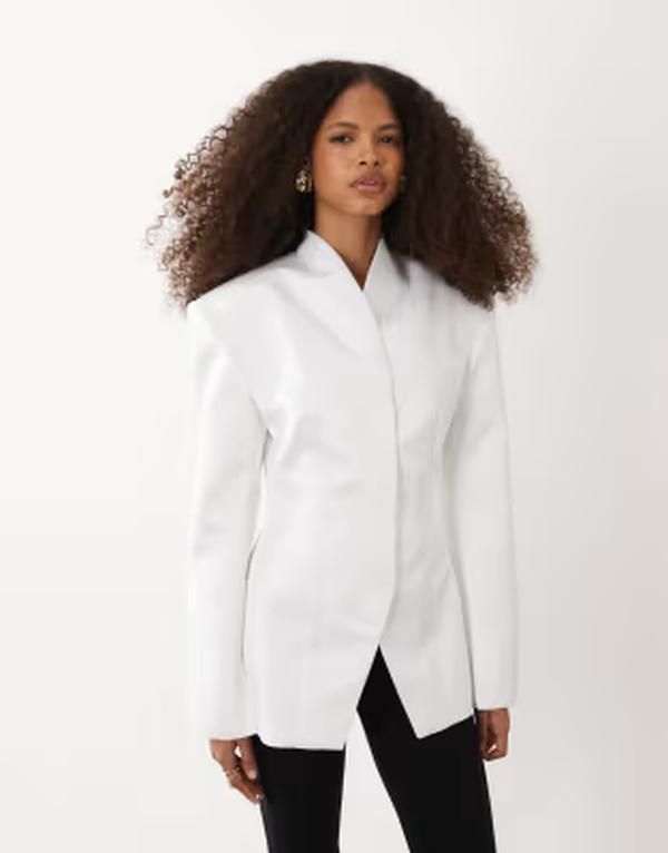 エイソス レディース アウター ジャケット・ブルゾン ハイネック サテン ブレザー ASOS DESIGN heavy satin high neck cinch blazer IVORY アイボリー