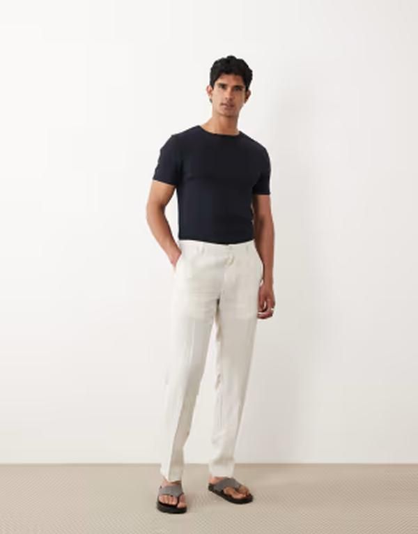 マンゴ メンズ ボトムス カジュアルパンツ リネン Mango 100 linen pin stripe pants in ecru エクリュ