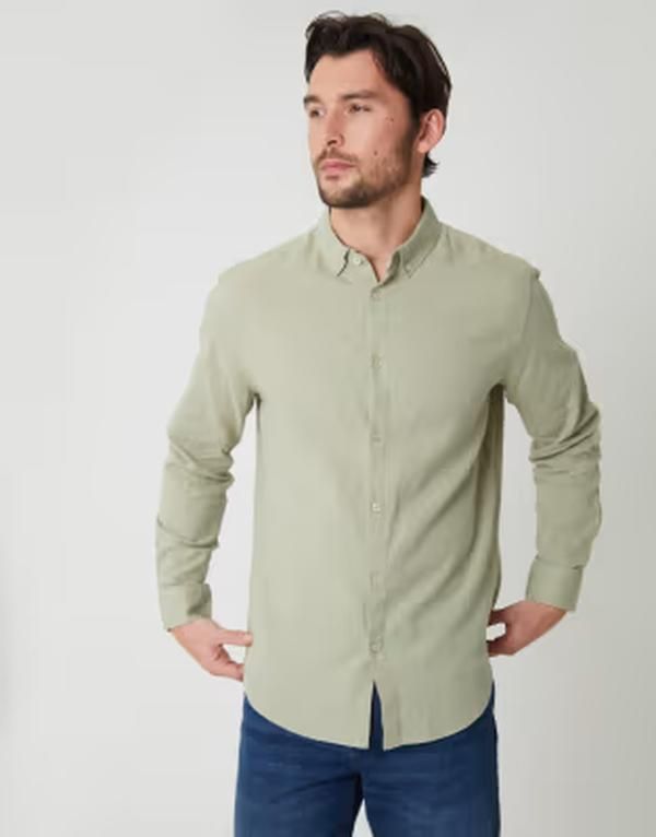 スリードベア メンズ トップス シャツ リネン Threadbare long sleeve linen mix shirt in sage GREEN グリーン