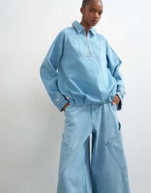 トップショップ レディース アウター ジャケット・ブルゾン ハーフジップ デニム Topshop denim collared quarter zip blouson jacket in mid Bleach デニム