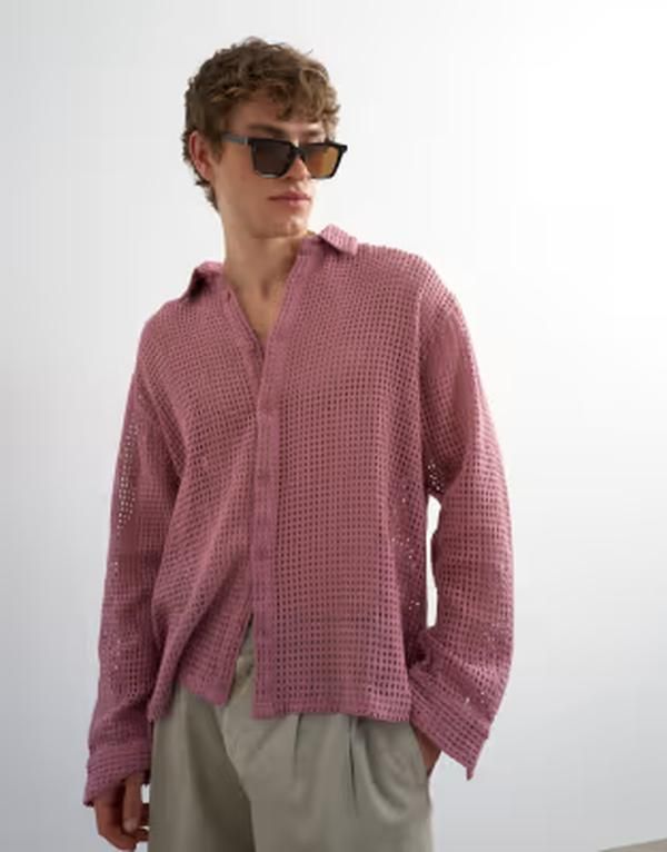 トップマン メンズ トップス シャツ リラックスフィット メッシュ Topman relaxed fit woven meshirt in washed PINK ピンク