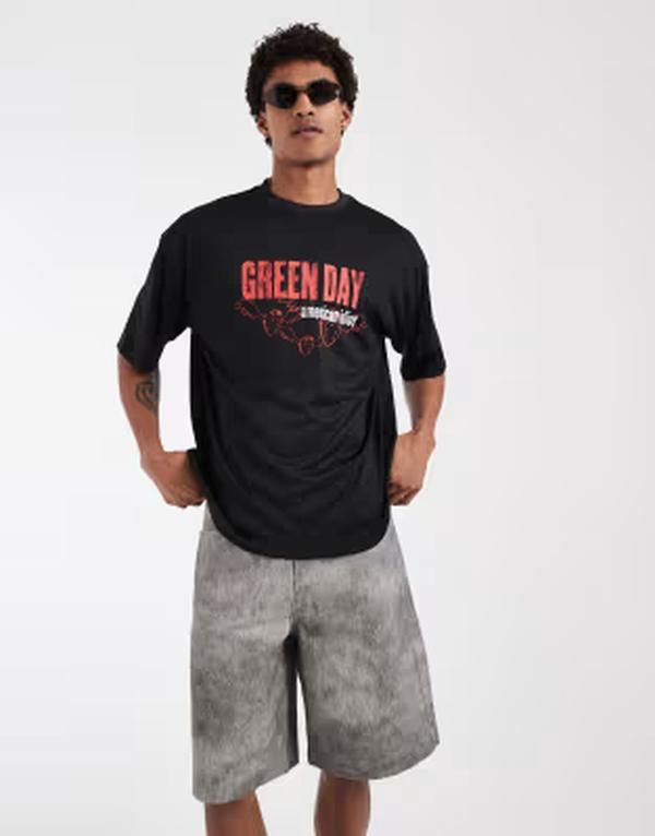 エイソス メンズ トップス Tシャツ プリント ASOS DESIGN oversized Tshirt with Green day print Black ブラック