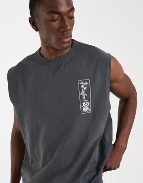 エイソス メンズ トップス ベスト グラフィック ASOS DESIGN heavyweight oversized tank with dragon graphic wash Asphalt グレー