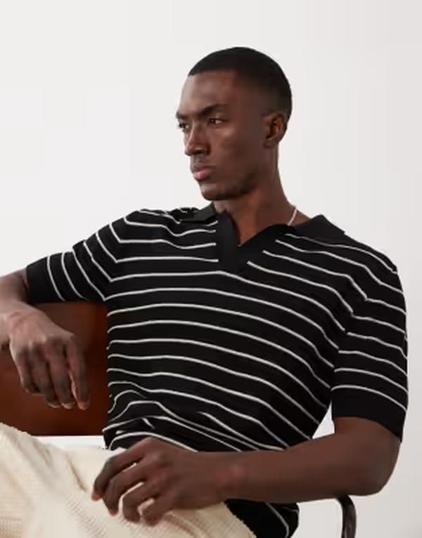 マンゴ メンズ トップス ポロシャツ ニット Mango knit striped polo shirt Black ブラック