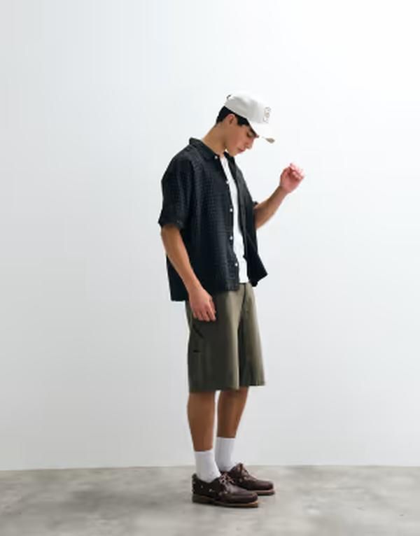 ジャック アンド ジョーンズ メンズ トップス シャツ クロップド リネン Jack Jones linen blend cropped short sleeve plaid shirt Black checks ブラック