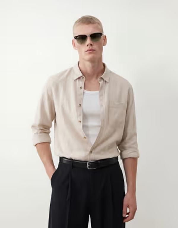 エイソス メンズ トップス シャツ リネン ASOS DESIGN relaxed linen blend shirt part of a set BEIGE ベージュ