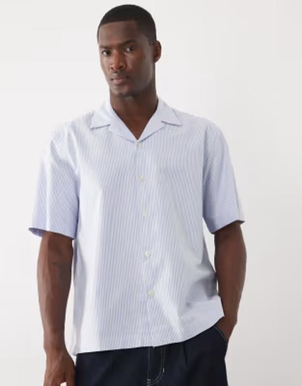 セレクティッド メンズ トップス シャツ コットン Selected 100 cotton short sleeve shirt in light blue stripe Skyway ブルー