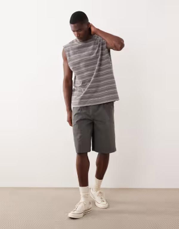 エイソス メンズ トップス ベスト ASOS DESIGN heavyweight oversized tank in textured gray stripes CLIFFSIDE GRAY グレー