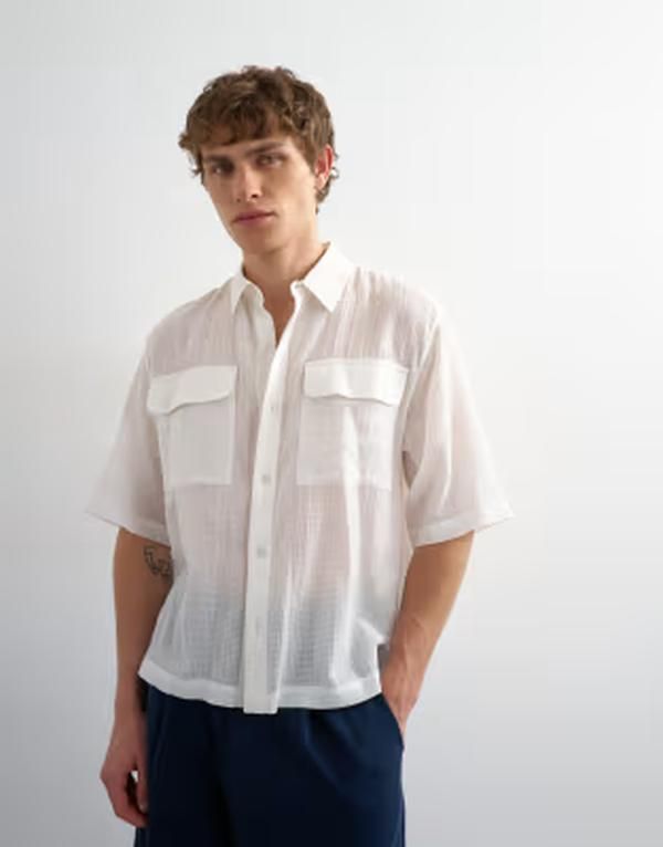 トップマン メンズ トップス シャツ リラックスフィット シアー Topman relaxed fit crop sheeripstop short sleeve shirt WHITE ホワイト