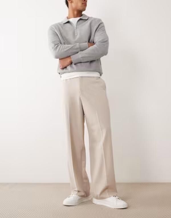 エイソス メンズ ボトムス カジュアルパンツ ワイドレッグ ASOS DESIGN comfort stretch wide leg dress pants in stone with elastic waistONE ストーン