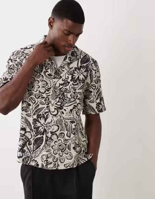 マンゴ メンズ トップス シャツ フラワー柄 プリント フラワー Mango retro floral print shirt in ecru エクリュ