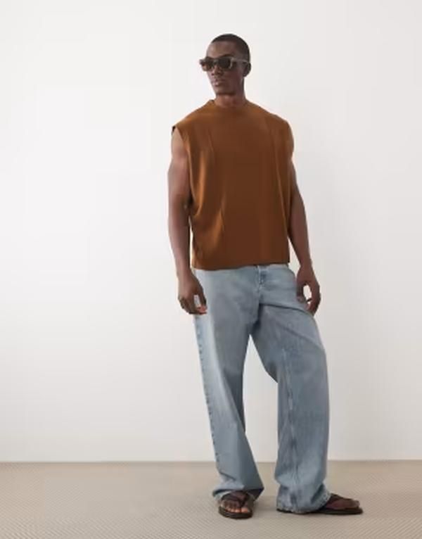 エイソス メンズ トップス ベスト ニット ASOS DESIGN oversized knitank top with piping details BROWN ブラウン