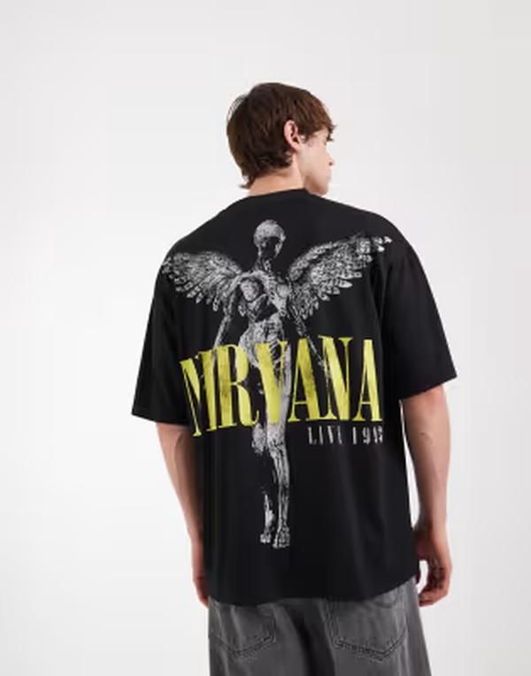 エイソス メンズ トップス Tシャツ プリント メッシュ ASOS DESIGN oversized mesh tshirt with Nirvana print Black ブラック