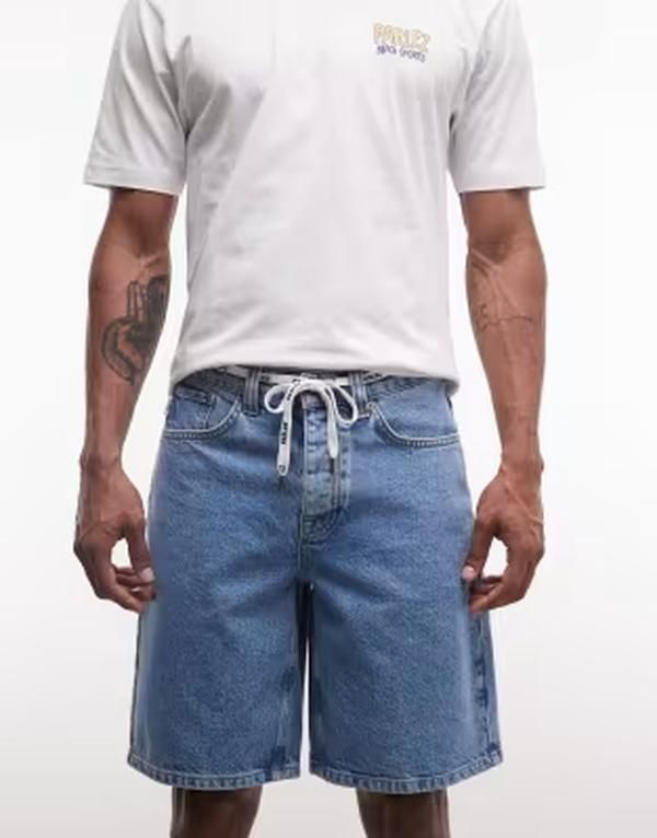 パルレ メンズ ボトムス ハーフパンツ・ショーツ ショートパンツ デニム Parlez serge denim shorts with tie waist detail in lightwash MID BLUE ブルー