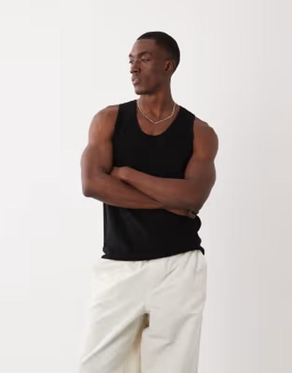 マンゴ メンズ トップス ベスト コットン Mango 100 cotton tank top Black ブラック