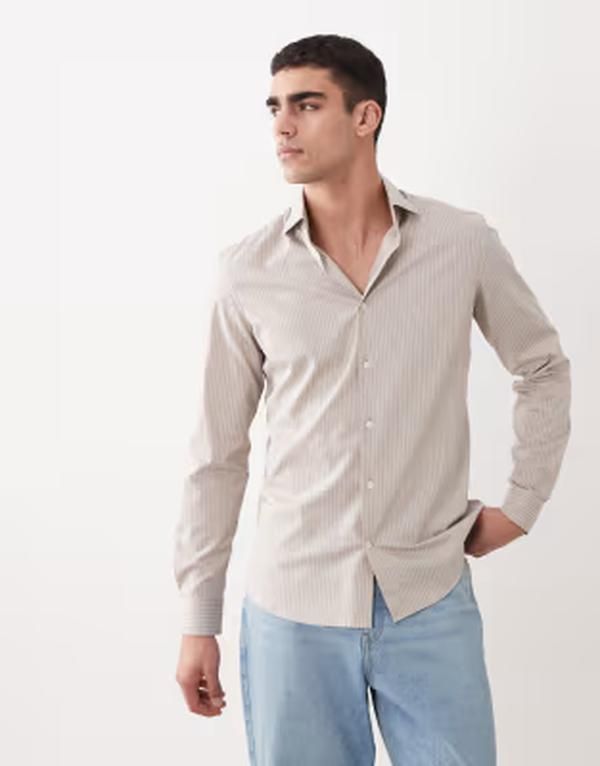 マンゴ メンズ トップス シャツ リラックスフィット Mango relaxed fit striped shirt in ecru エクリュ