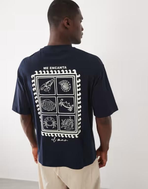 セレクティッド メンズ トップス Tシャツ リラックスフィット プリント Selected relaxed fitshirt with marine stamp backprint Sky captain ネイビー