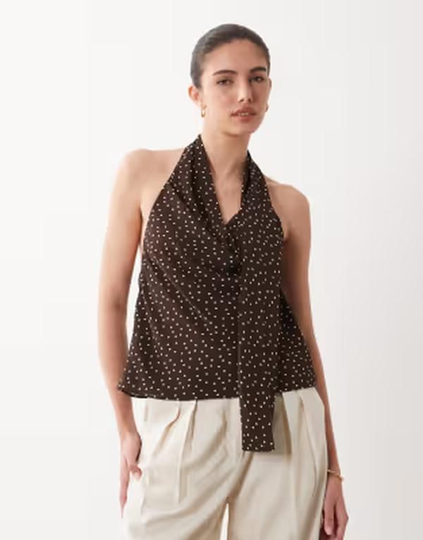 マンゴ レディース トップス ベスト タイディテール ドット Mango tie detail tank topolka dots BROWN ブラウン