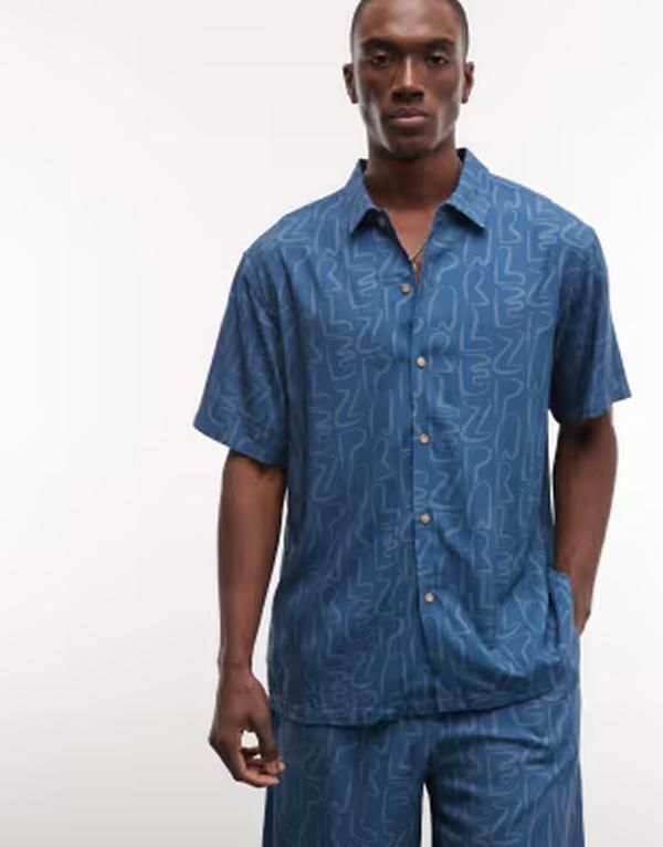 パルレ メンズ トップス シャツ Parlez short sleeve stamp geometric pattern button up shirt in mid blue part of a set MID BLUE ブルー 28,470円