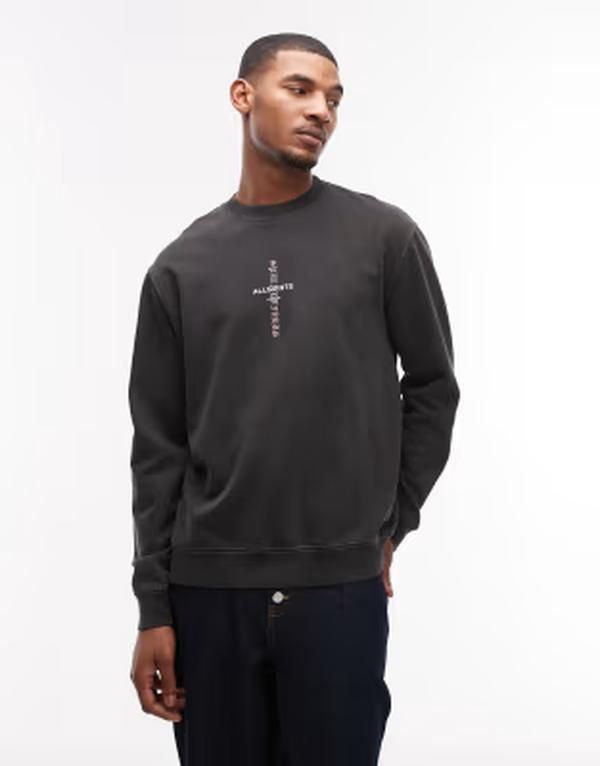 オールセインツ メンズ アウター パーカー・スウェット シャツ AllSaints Knox sweatshirt in washed BLACK ブラック