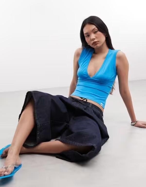 コルージョン レディース トップス ベスト Vネック COLLUSION deep vneck tank top in bright blue ブルー