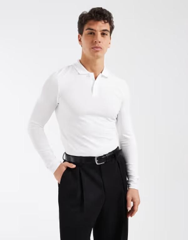 エイソス メンズ トップス ポロシャツ ASOS DESIGN essentials muscle fit long sleeve polo pique WHITE ホワイト