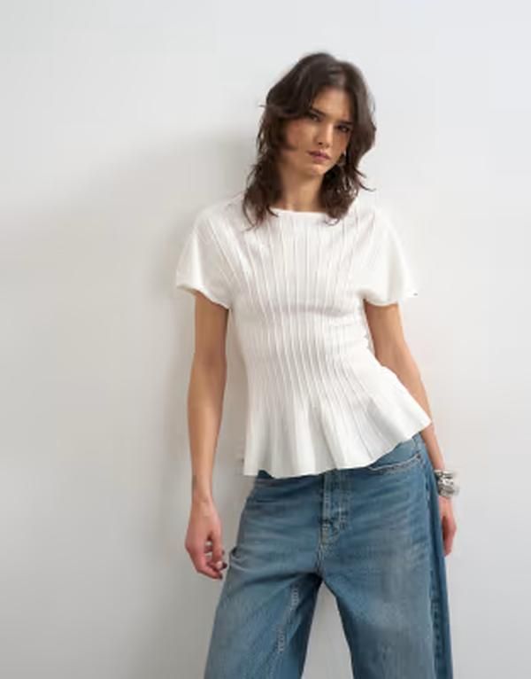 トップショップ レディース トップス ベスト ニット Topshop knit grown on short sleeve peplum top IVORY アイボリー
