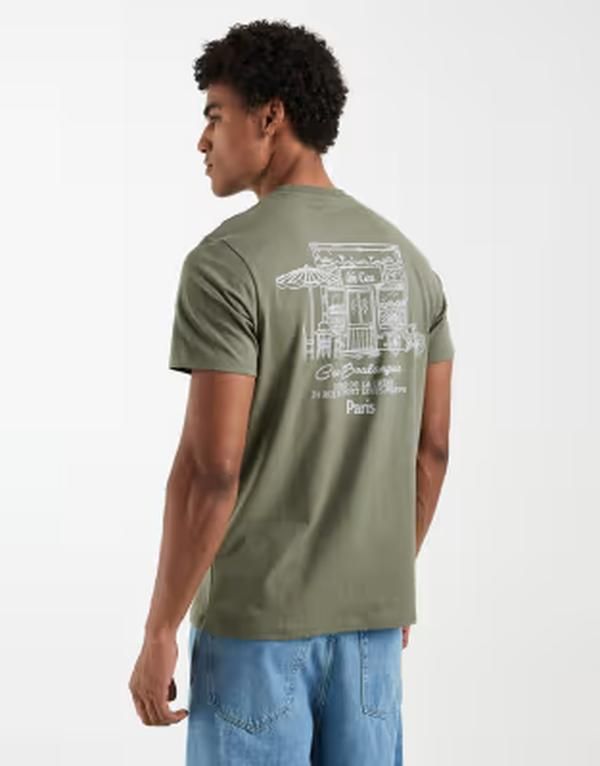 エイソス メンズ トップス Tシャツ グラフィック ASOS DESIGN Tshirt with cafe graphic in olive Dusty olive オリーブ