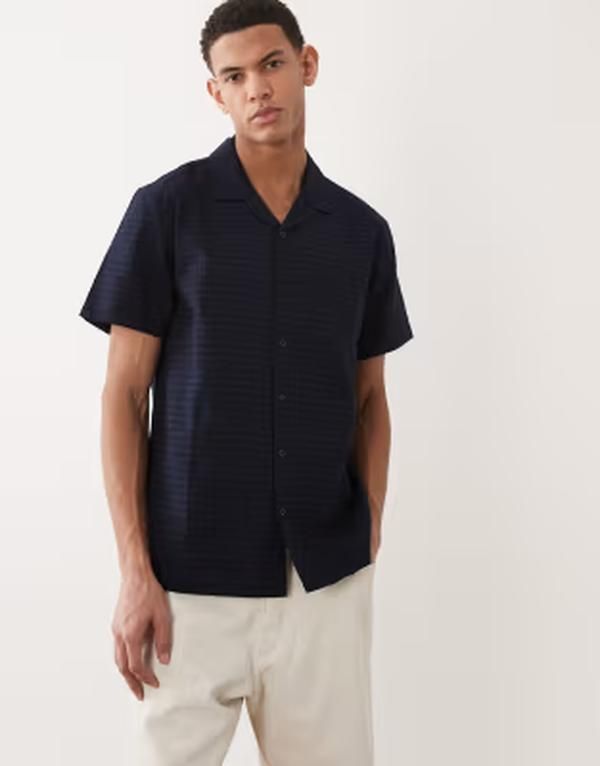 ブレーブソウル メンズ トップス シャツ Brave Soul short sleeve textured shirt with camp collar NAVY ネイビー