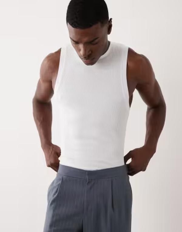 エイソス メンズ トップス ベスト リブ ASOS DESIGN heavyweight muscle fit ribbed tank WHITE ホワイト