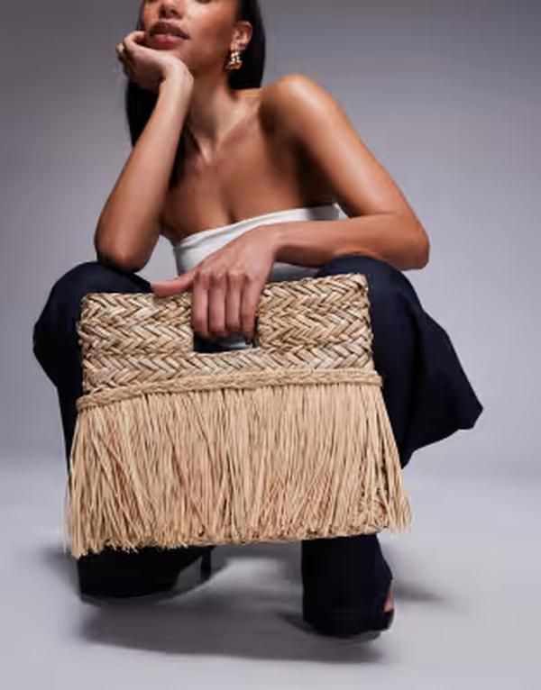 サウスビーチ レディース バッグ フリンジ South Beach straw fringed clutch bag BEIGE ベージュ