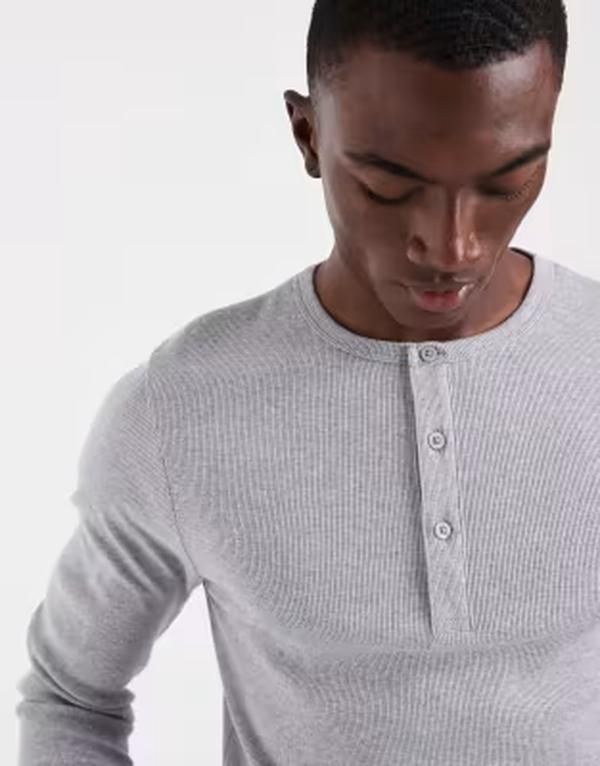 エイソス メンズ トップス Tシャツ ヘンリーネック ASOS DESIGN muscle fit long sleeve Tshirt withenley neck heatherib Gray Heather グレー