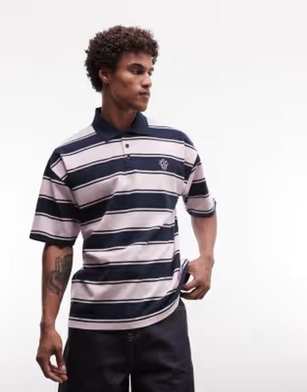 エイソス メンズ トップス ポロシャツ ASOS DESIGN relaxed rugby polo with pique fabric stripe Pink Stripe ピンク