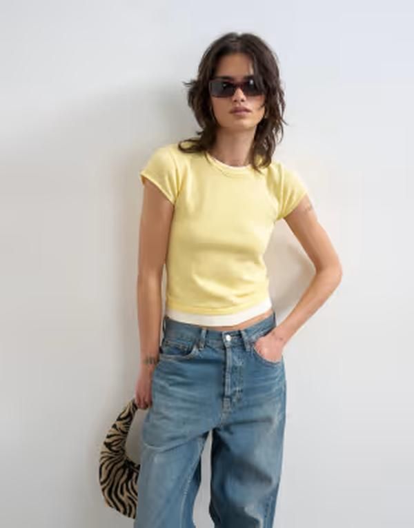 トップショップ レディース アウター ニット・セーター Tシャツ Topshop knit double layer Tshirt in yellow イエロー