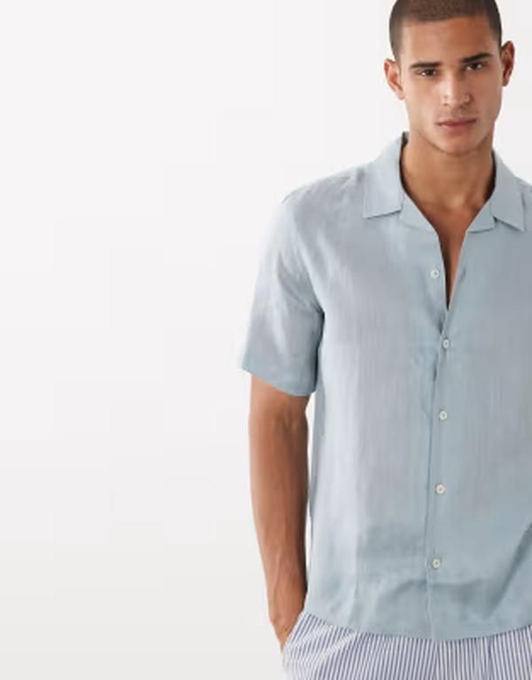 マンゴ メンズ トップス シャツ リネン Mango 100 linen short sleeve shirt in pastel blue ブルー
