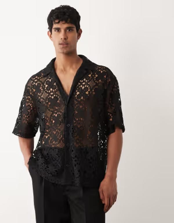 エイソス メンズ トップス シャツ ASOS DESIGN oversized crochet shirt Black ブラック 19,866円