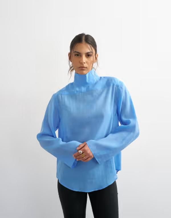 トップショップ レディース トップス タンクトップ スタンドネック シャツ Topshop funnel neck backwards long sleeve shirt in cornflower Blue ブルー