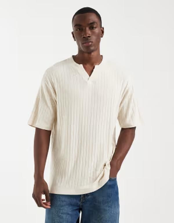 エイソス メンズ トップス Tシャツ リブ リネン ASOS DESIGN relaxed linen look ribbed Tshirt with notch neck Greige ベージュ