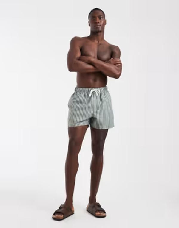 エイソス メンズ 水着 ハーフパンツ・ショーツ ショートパンツ ASOS DESIGN swim shorts in short length in sage green stripesAGE GREEN グリーン