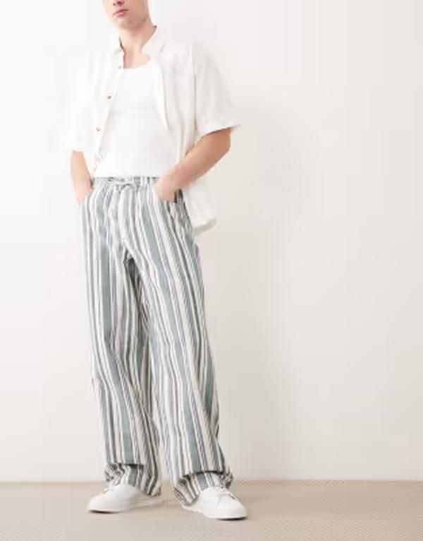 エイソス メンズ ボトムス カジュアルパンツ ASOS DESIGN baggy elasticized pants in stripe Multi マルチカラー