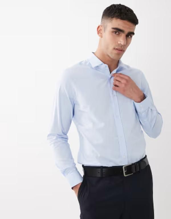 エイソス メンズ トップス シャツ ASOS DESIGN smart slim textured shirt BLUE ブルー
