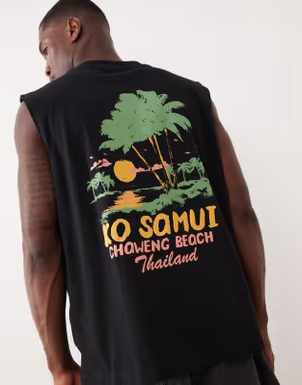 エイソス メンズ トップス ベスト グラフィック ASOS DESIGN oversized tank with island back graphic Black ブラック