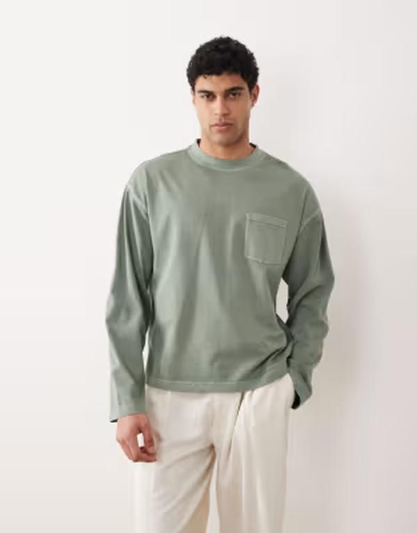 エイソス メンズ トップス Tシャツ ASOS DESIGN heavyweight boxy oversized long sleeve Tshirt in washed mid Laurel Wreath グリーン