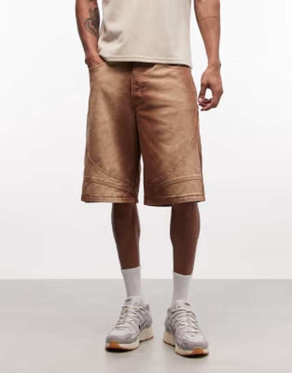 リキュールアンドポーカー メンズ ボトムス ハーフパンツ・ショーツ デニム Liquor N Poker denim seam detailing jorts in washed BROWN ブラウン